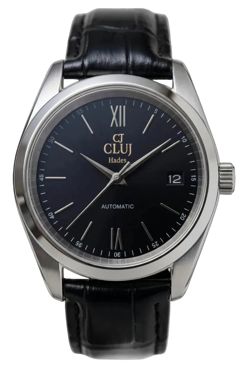 A close-up shot of a Cluj Hades automatic watch with a black dial, silver stainless steel case, and a black leather strap, set against a plain white background.