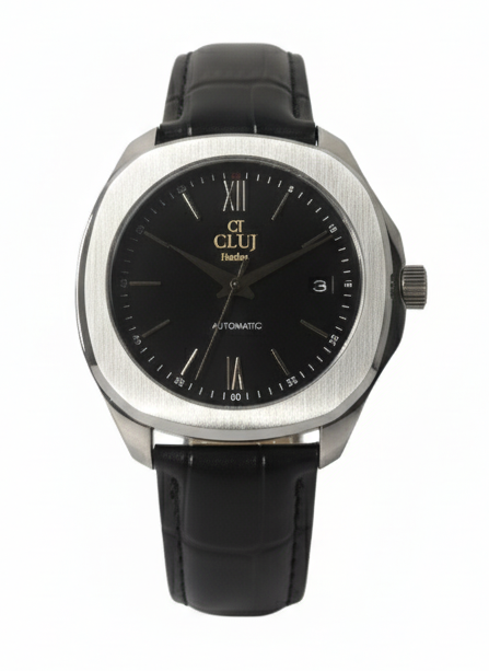 Black wristwatch with silver case on a white background