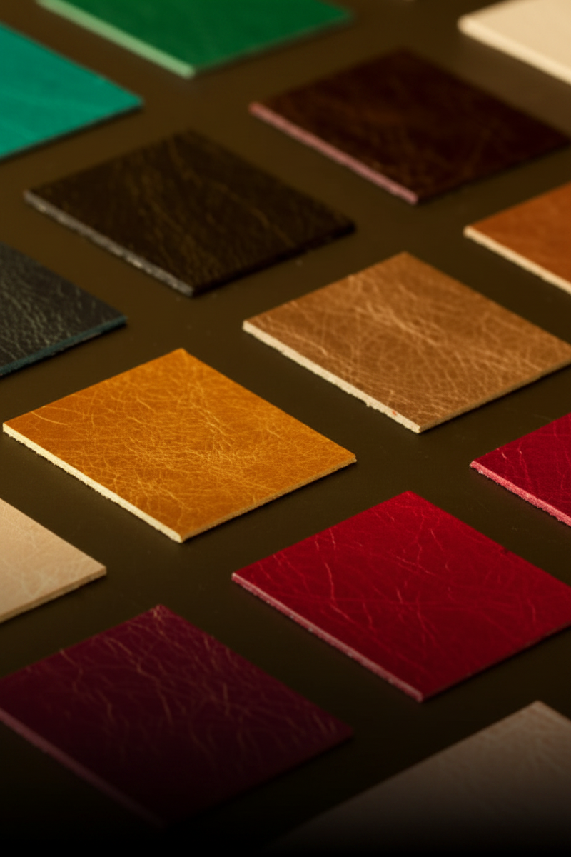 A close-up arrangement of textured leather or faux-leather color swatches in gold, red, brown, black, and green tones on a dark background.