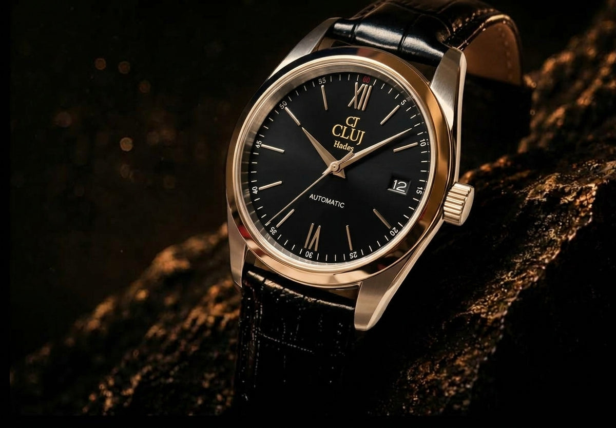 A luxury wristwatch with a black dial, gold-tone Roman numerals, and a black leather strap, resting on a dark textured rock surface.
