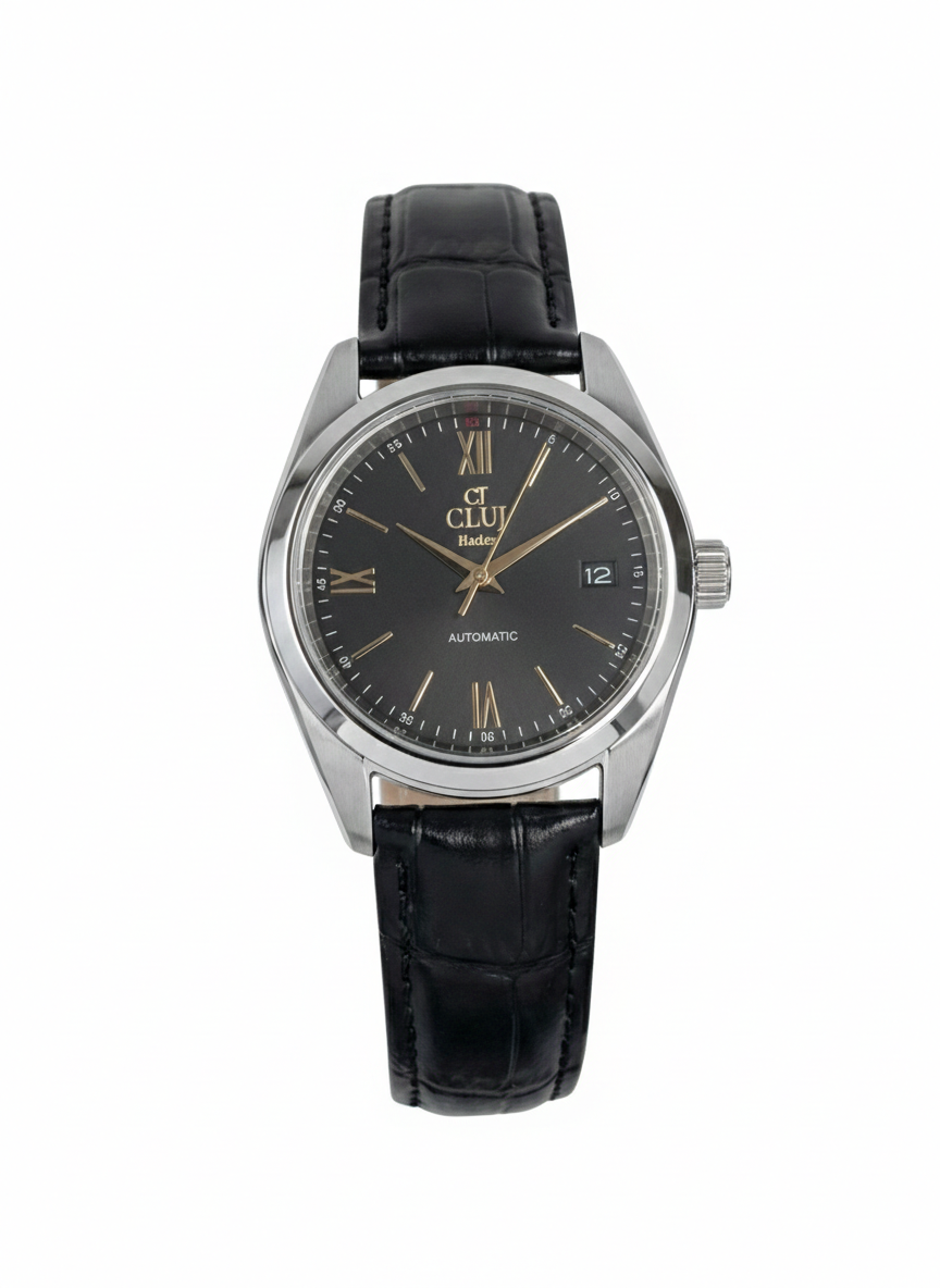 Black wristwatch with silver case and black leather strap on a white background