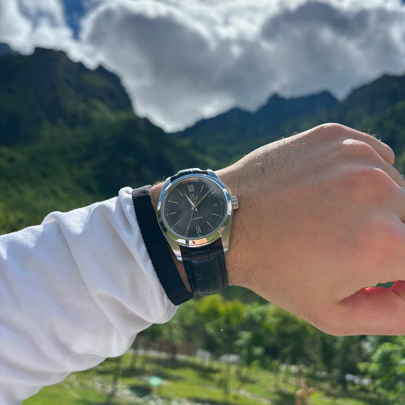 Hand wearing a watch with a scenic mountain background